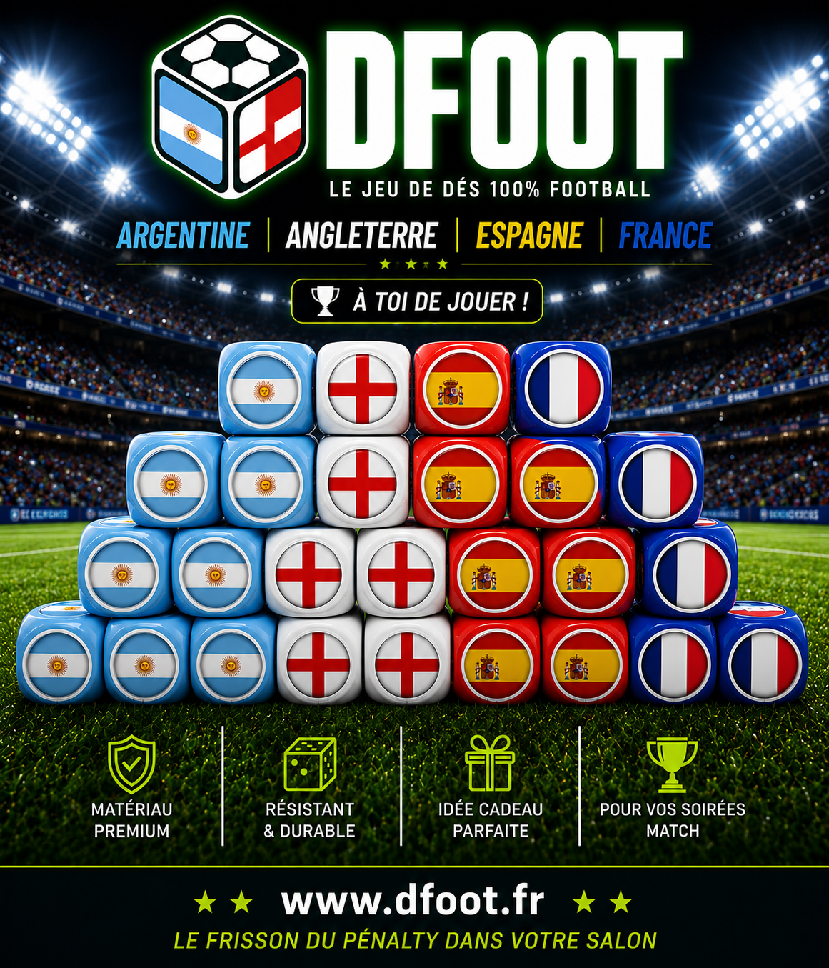 Pack Tube 4 Pays-FRANCE/ANGLETERRE/ESPAGNE/ARGENTINE avec Tapis Stadium