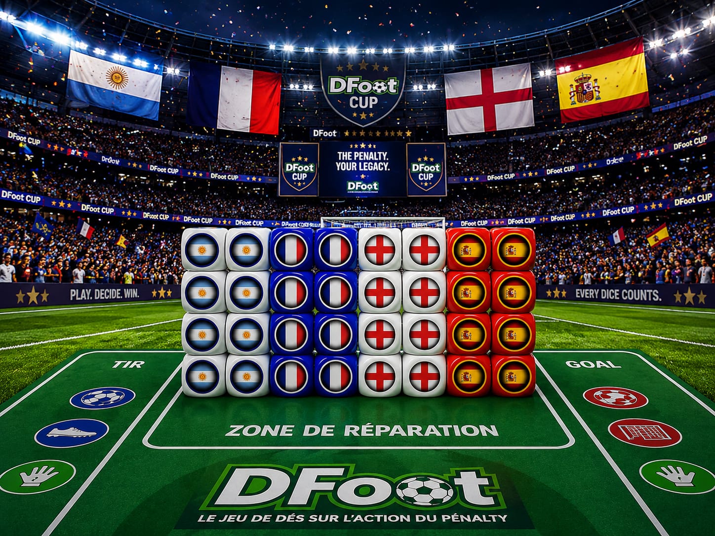 Pack Tube 4 Pays-FRANCE/ANGLETERRE/ESPAGNE/ARGENTINE avec Tapis Stadium